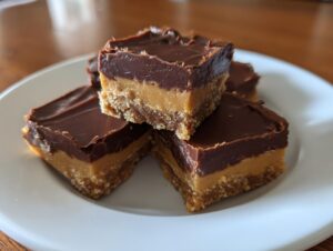 Close-up of stacked buckeye fudge squares featuring a crust, peanut butter layer, and chocolate topping.