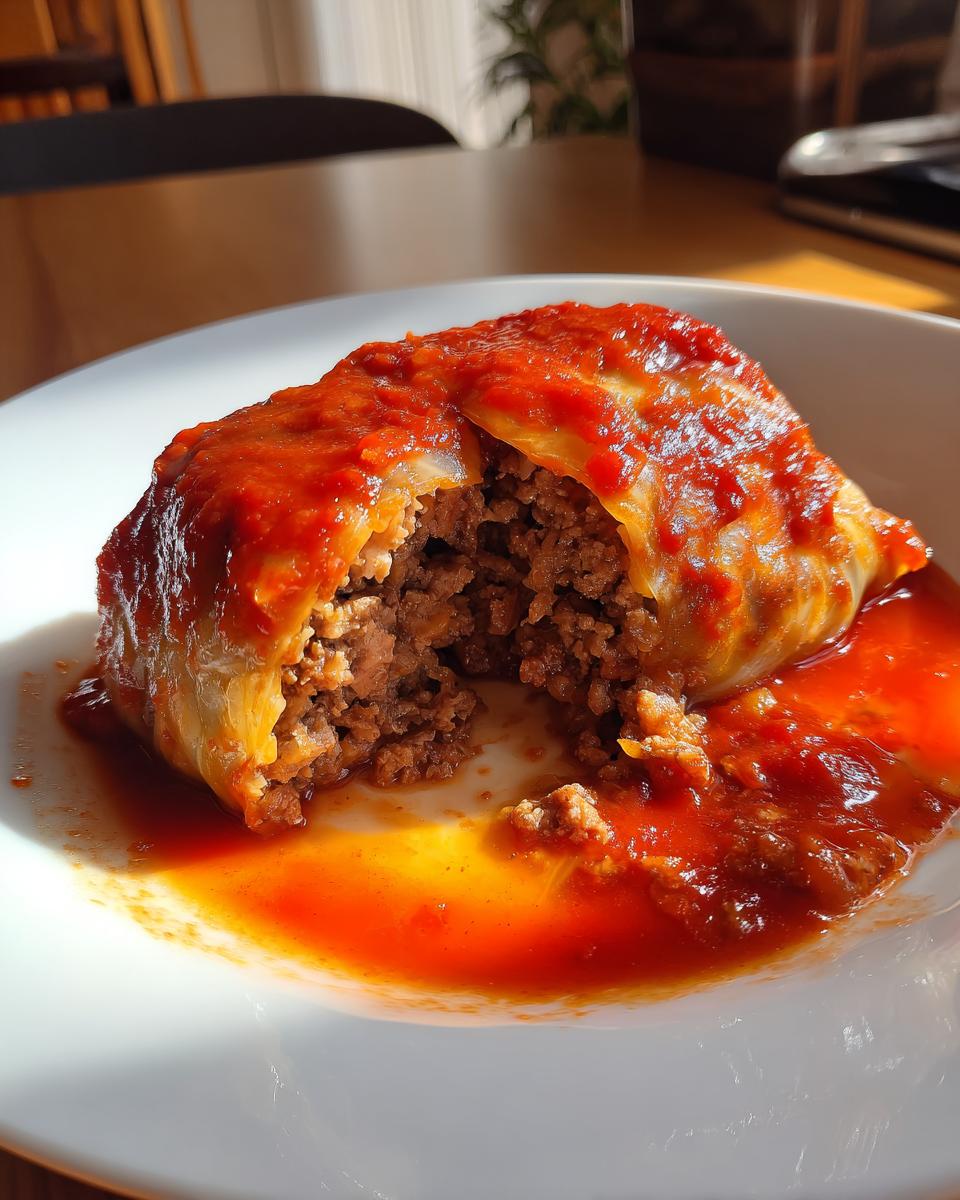 A single serving of homemade cabbage rolls, cut open to show the ground meat filling, smothered in bright red tomato sauce.