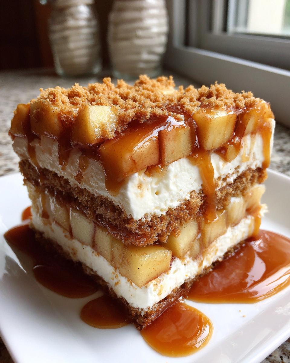 A decadent slice of caramel apple trifle featuring layers of cake, cream, spiced apples, and caramel sauce.