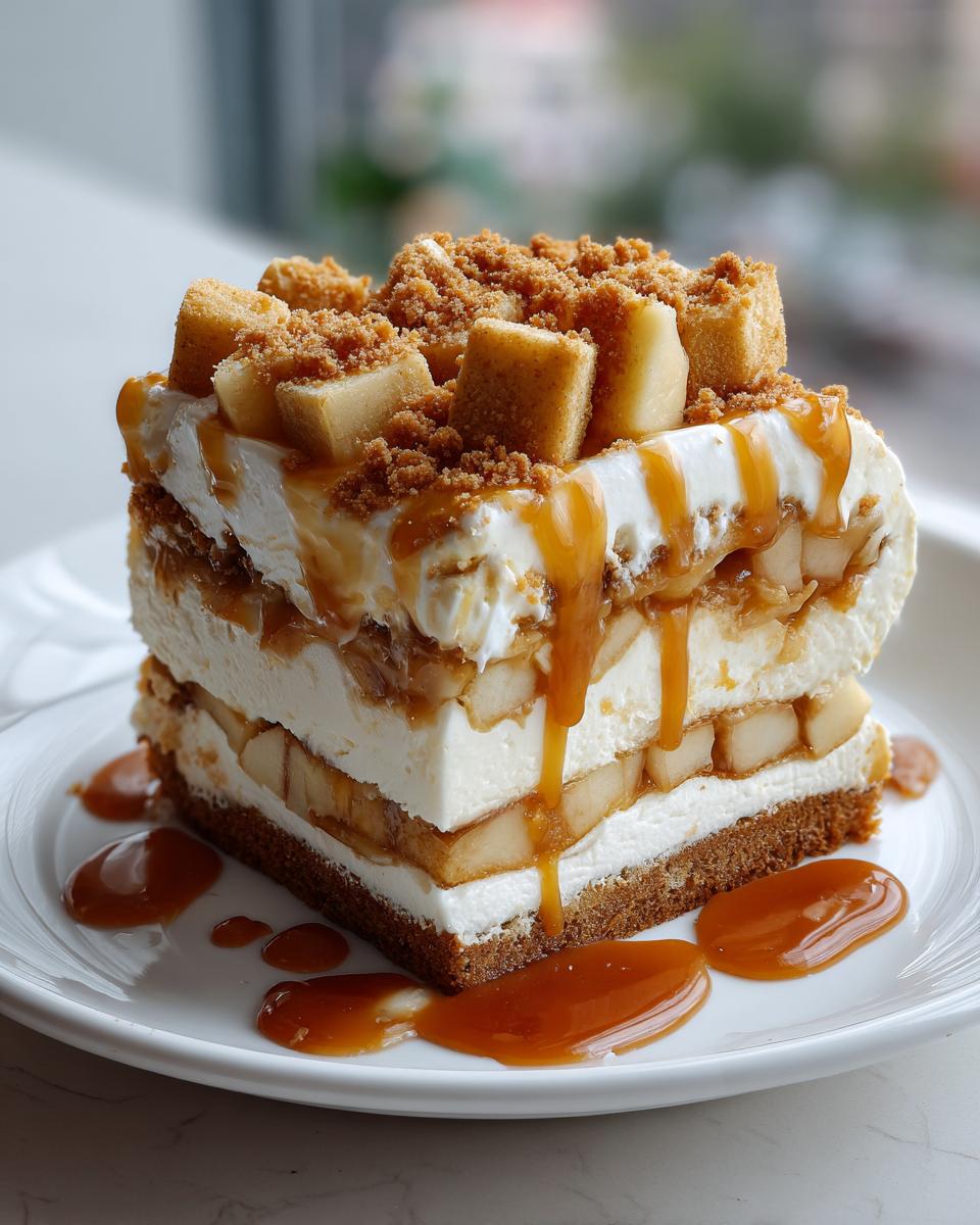 A square slice of layered caramel apple trifle featuring cream, spiced apples, and a graham cracker crust, drizzled generously with caramel sauce.