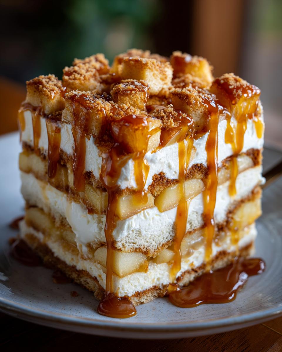 A tall, layered slice of caramel apple trifle featuring cake, cream, apples, and heavy caramel sauce drizzle.