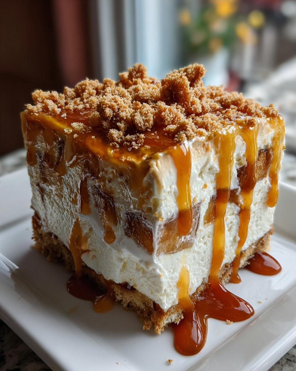 A decadent square slice of caramel apple trifle layered with cream, cake/cookies, topped with caramel drizzle and crumble.