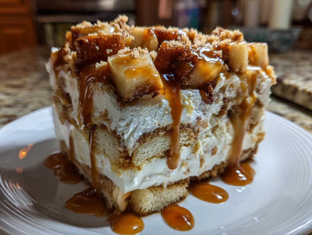 Close-up of a layered slice of caramel apple trifle featuring cream, cake layers, and a rich caramel drizzle over apple chunks.