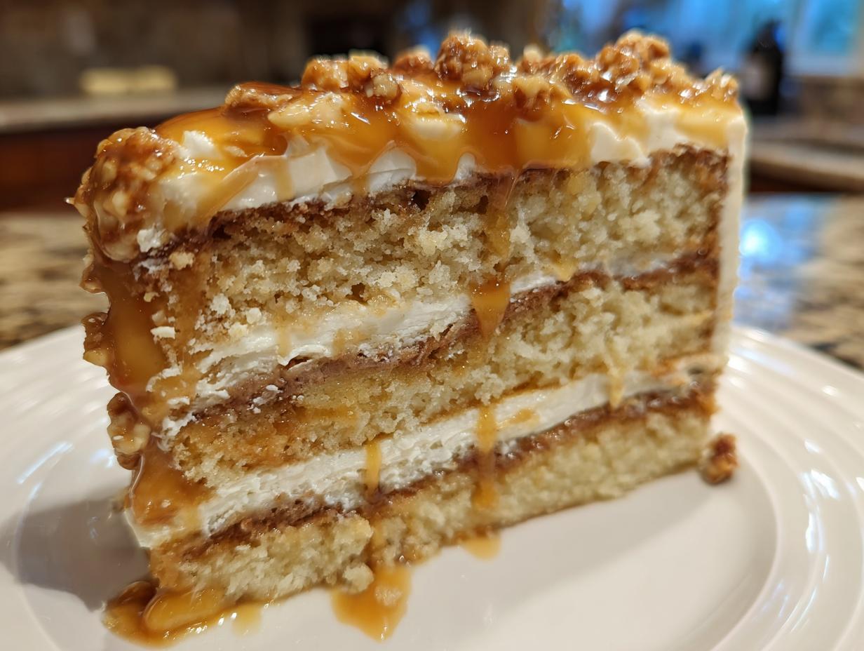 Close-up of a decadent slice of caramel crunch cake showing three layers of cake, frosting, and dripping caramel sauce.