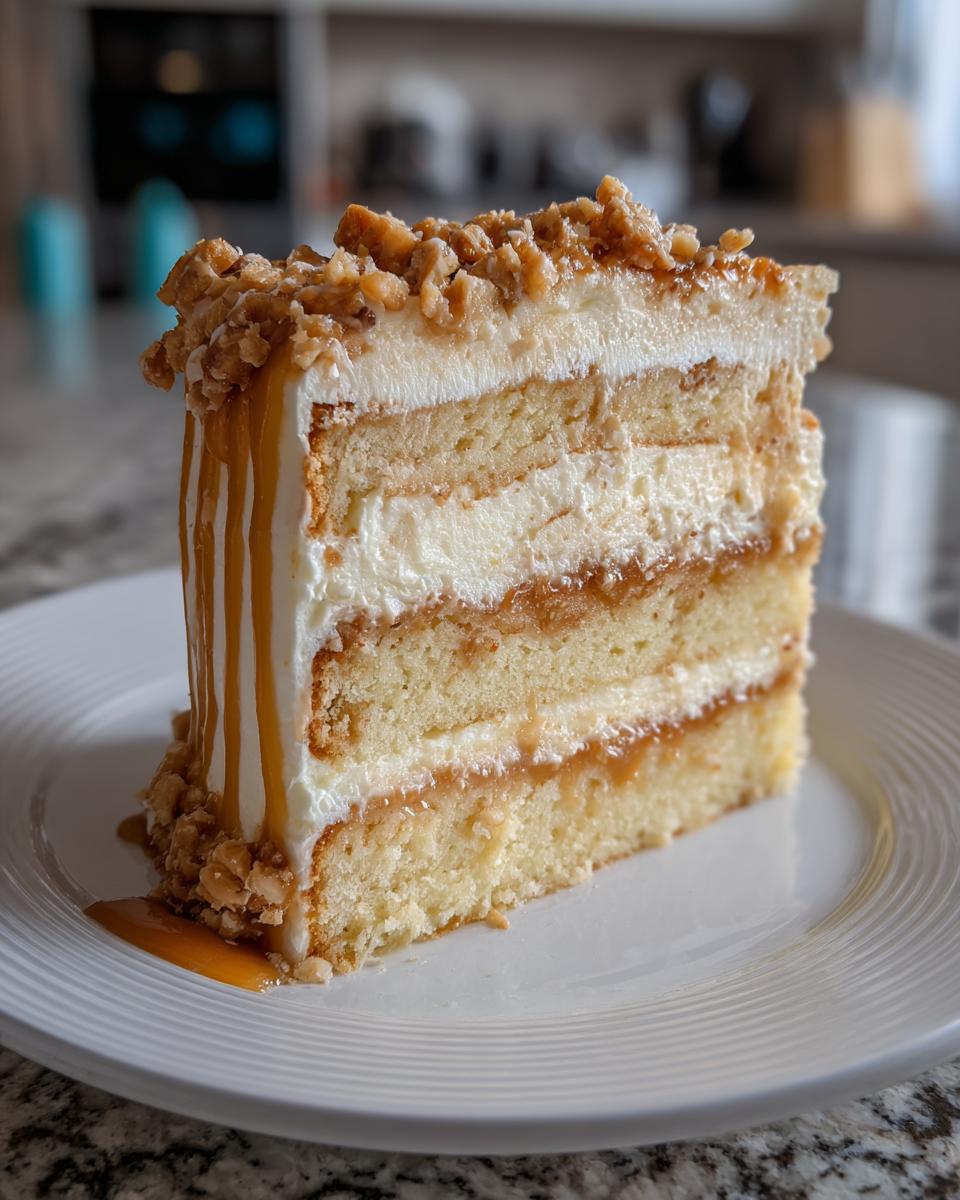 A tall slice of caramel crunch cake showing four layers of sponge, cream, and caramel filling, topped with nuts.