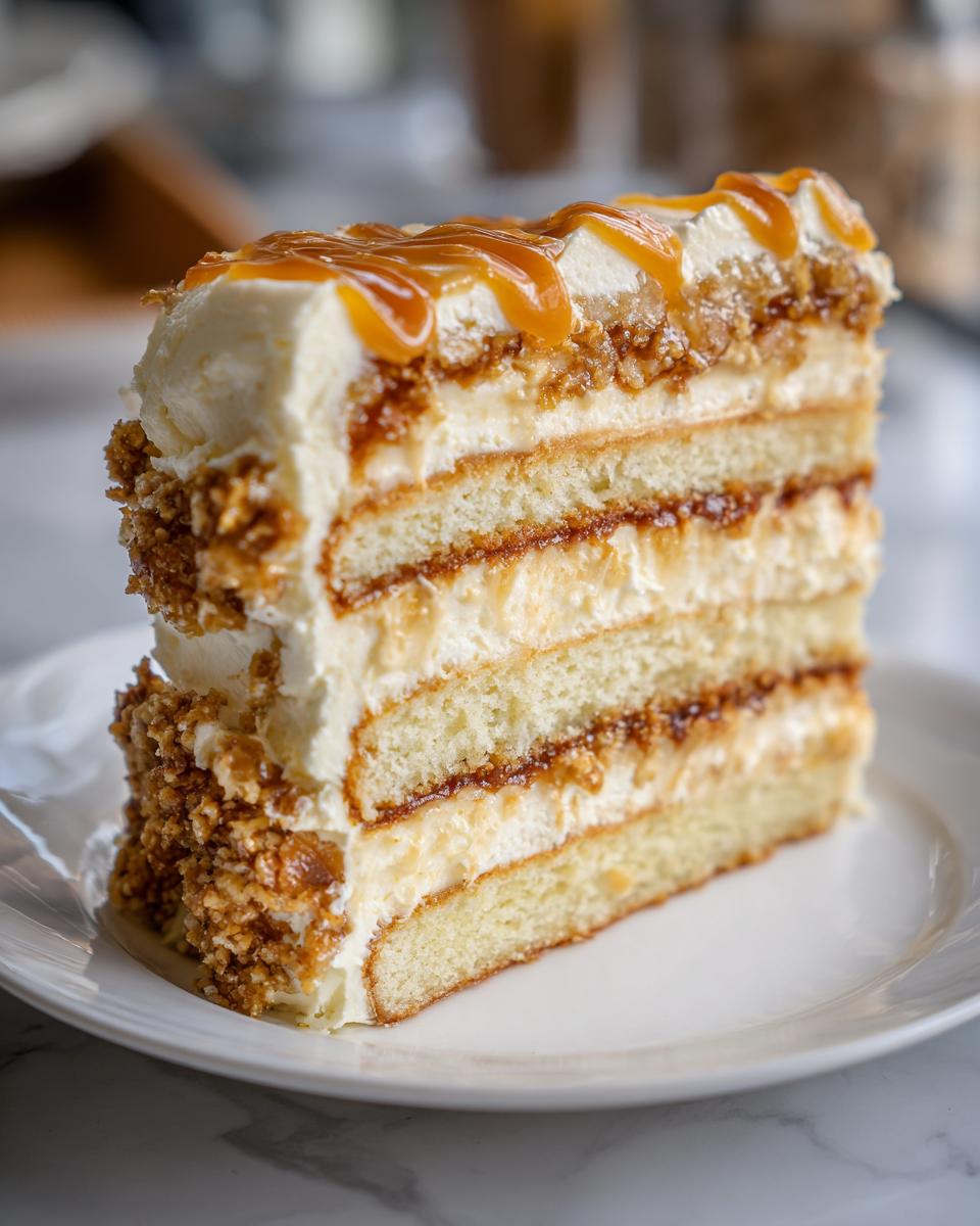 A tall slice of caramel crunch cake showing four layers of light sponge cake, cream frosting, and crunchy caramel filling.