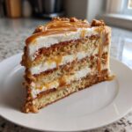 A decadent slice of caramel crunch cake showing multiple layers of cake, cream, and dripping caramel sauce.