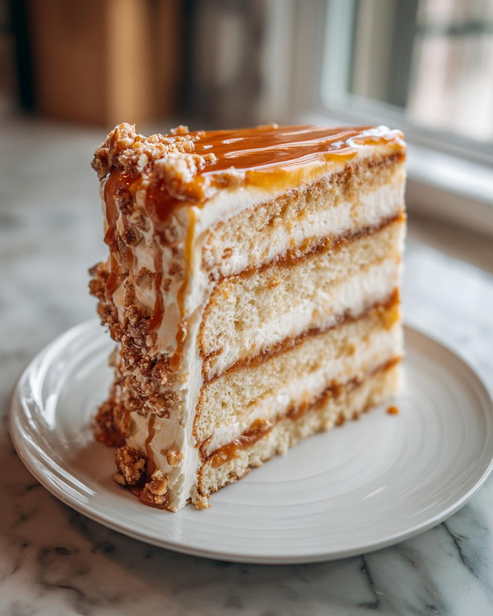 A tall slice of caramel crunch cake showing three layers of sponge, cream, and caramel filling, topped with glossy caramel and nuts.