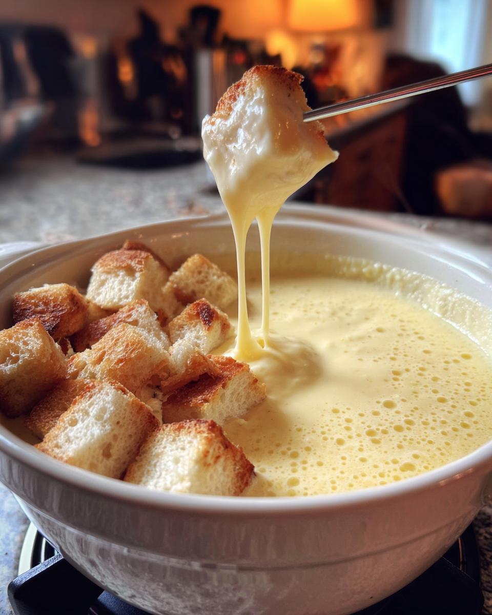 A piece of toasted bread is lifted from a pot of melted cheese fondue recipe, showing long, gooey cheese pulls.