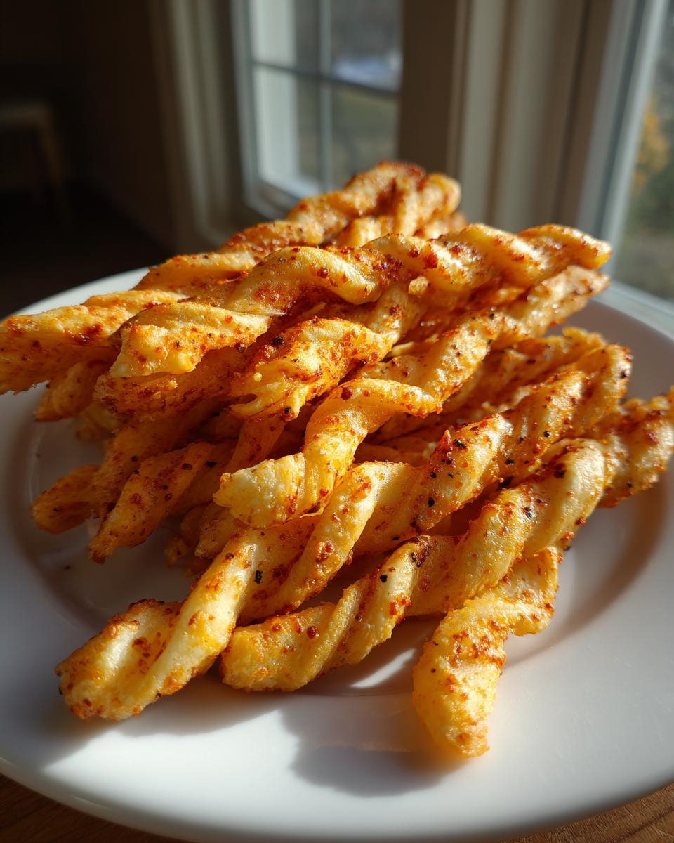 A pile of freshly baked, golden, twisted cheese straws recipe sticks seasoned with paprika, sitting on a white plate.