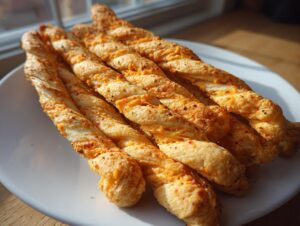 Close-up of several flaky, golden cheese straws recipe twists piled on a white plate.