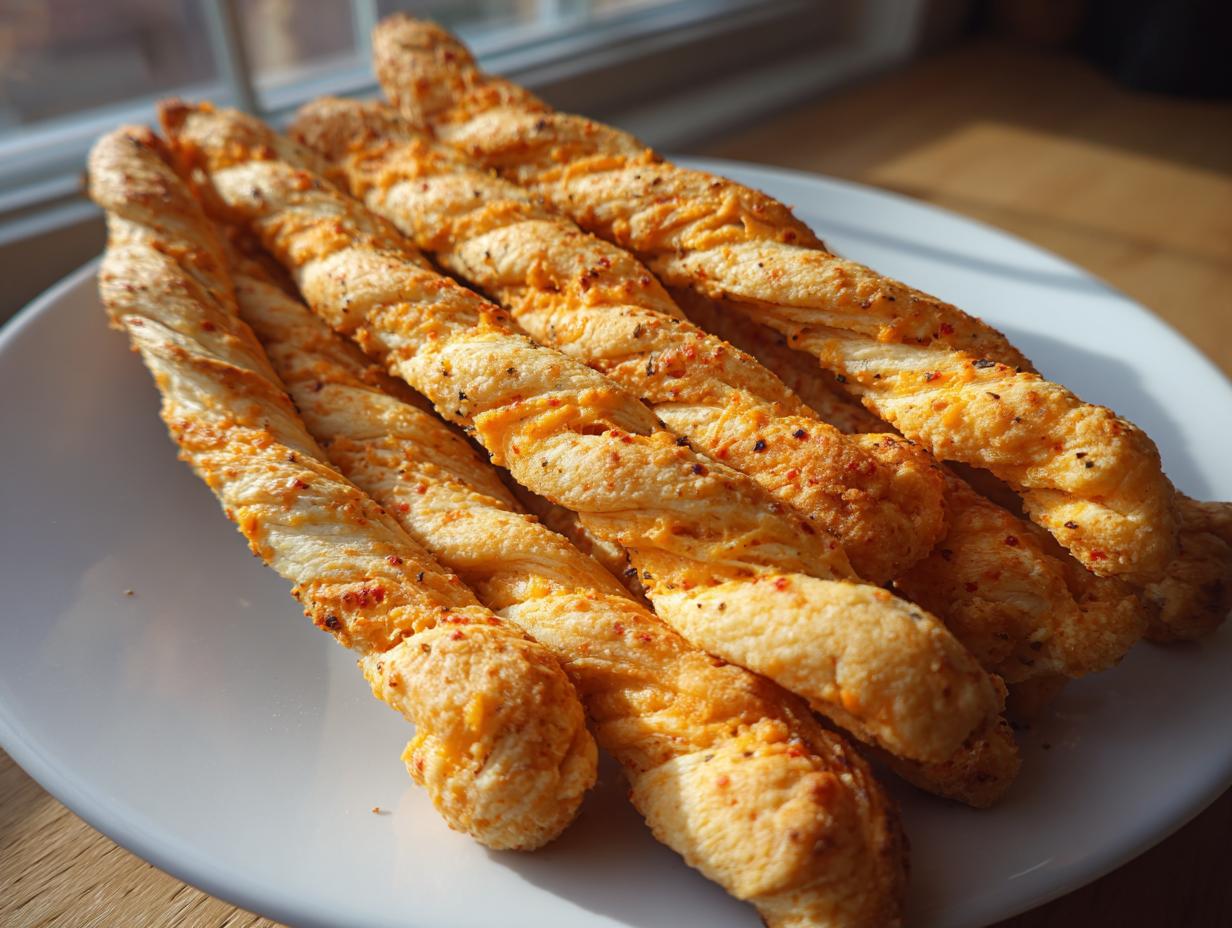 Close-up of several flaky, golden cheese straws recipe twists piled on a white plate.