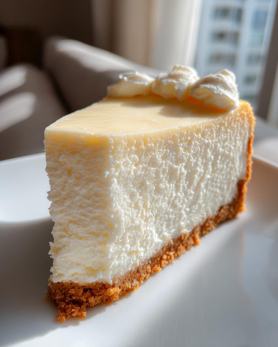 A perfect slice of creamy cheesecake recipe on a white plate, showing the thick graham cracker crust.
