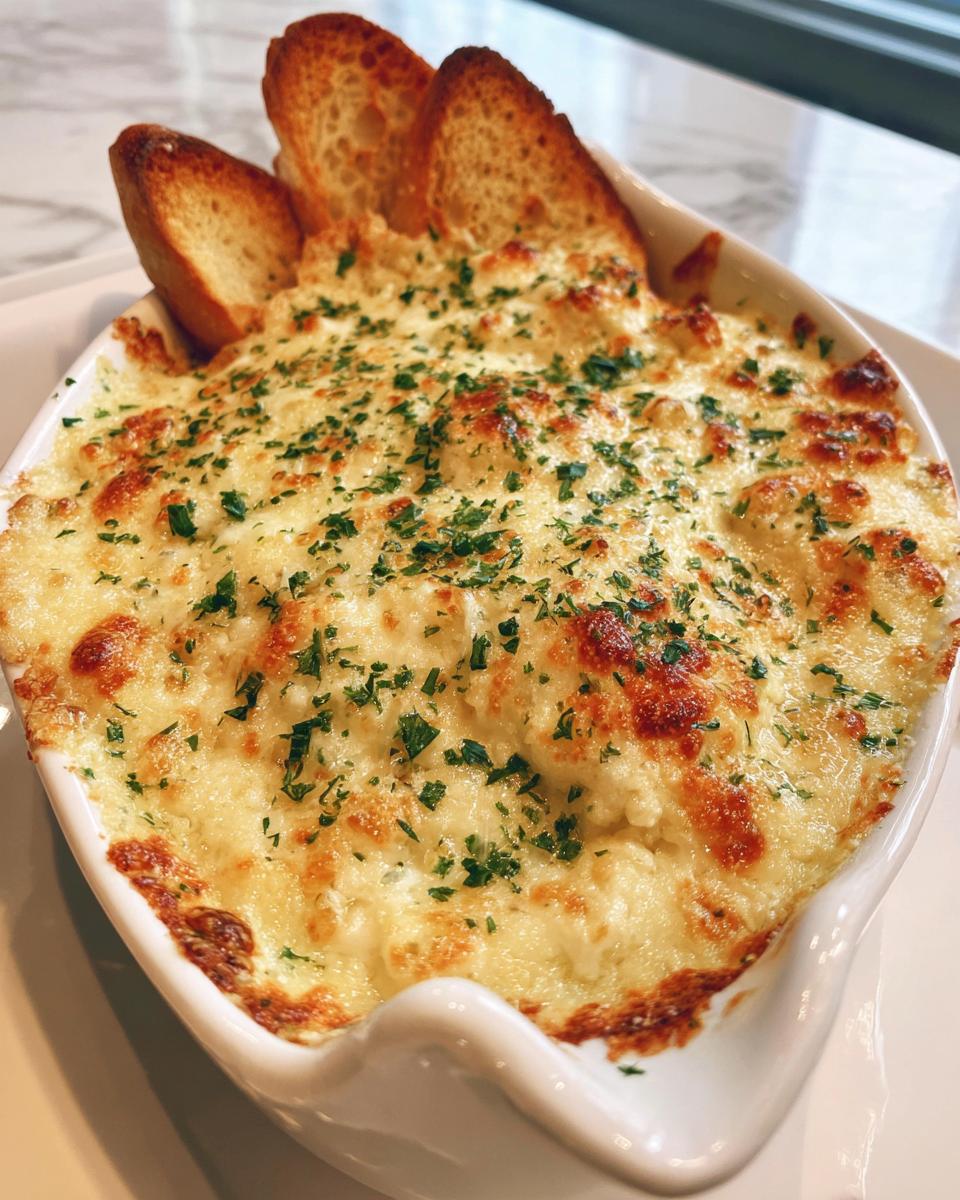 Close-up of a hot, cheesy baked bread dip topped with parsley, served with toasted bread slices for dipping.