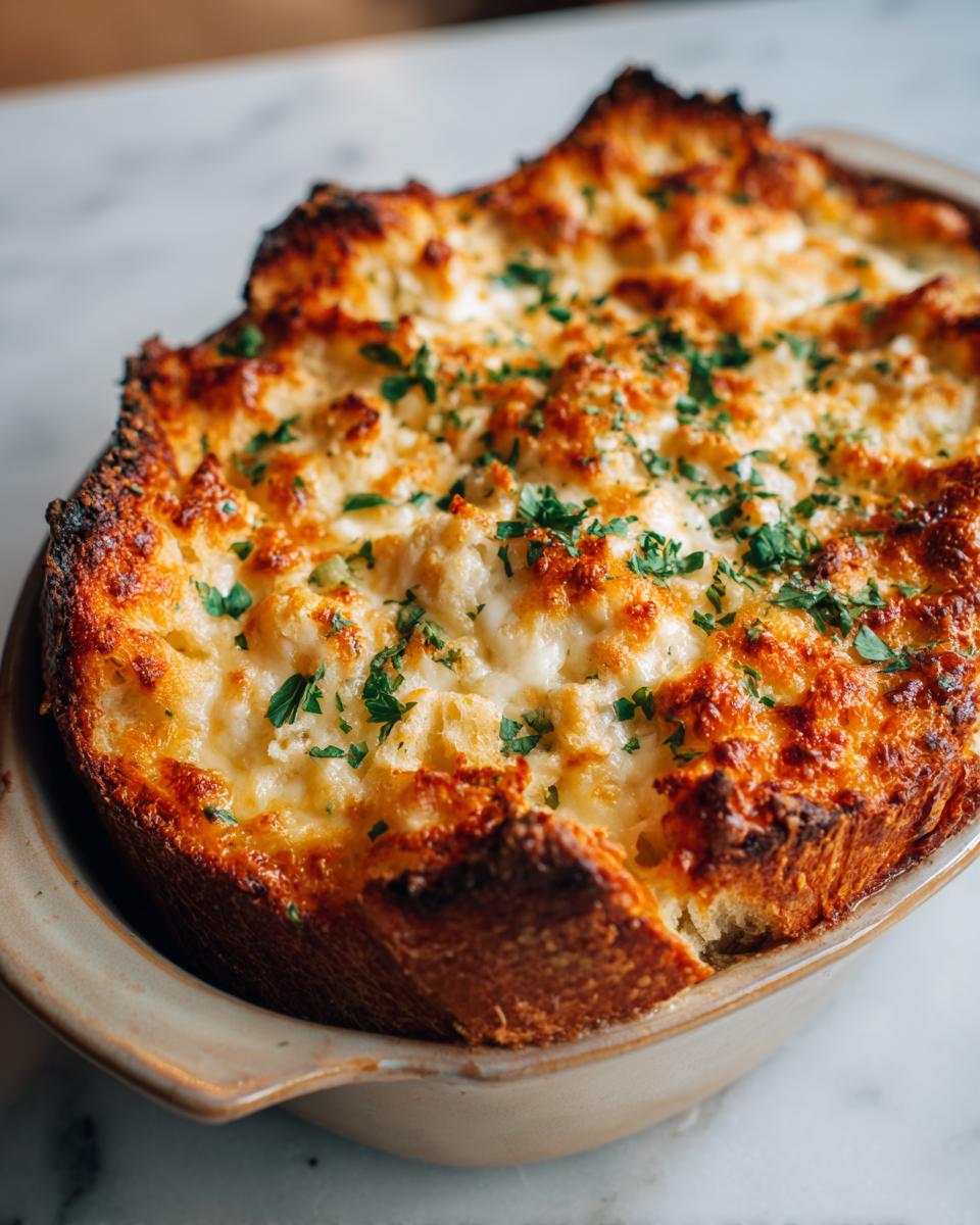 Close-up of a hot, cheesy baked bread dip, golden brown and topped with fresh parsley, served in a small baking dish.
