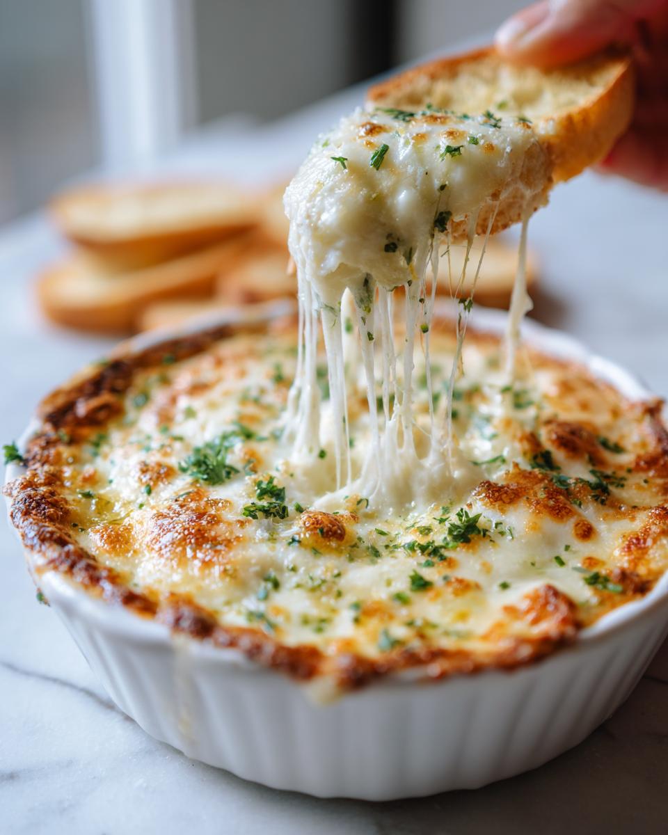 A piece of toasted bread is dipped into a hot, cheesy bread dip, creating long, stretchy cheese pulls.
