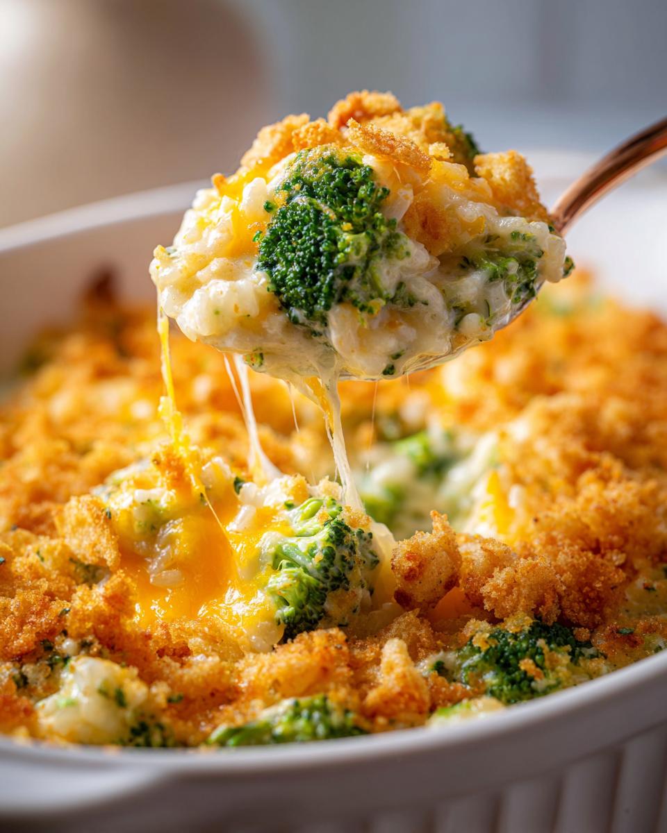 A spoonful of creamy, cheesy broccoli rice casserole with a crispy topping being lifted out of the dish.