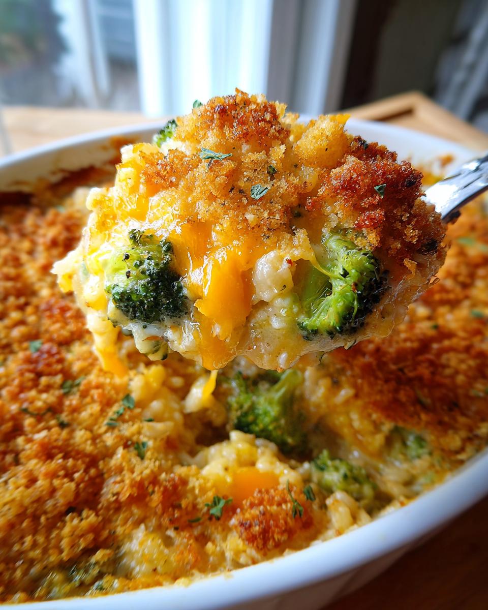 A spoonful of creamy, cheesy broccoli rice lifted from a casserole dish, showing a golden brown, crunchy topping.