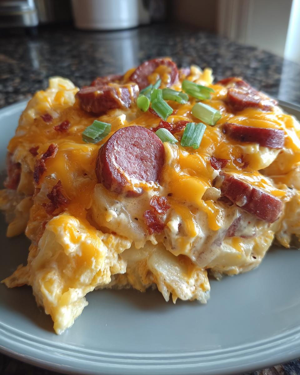 A close-up serving of baked pierogi casserole topped with melted cheddar cheese, sliced sausage, and green onions.