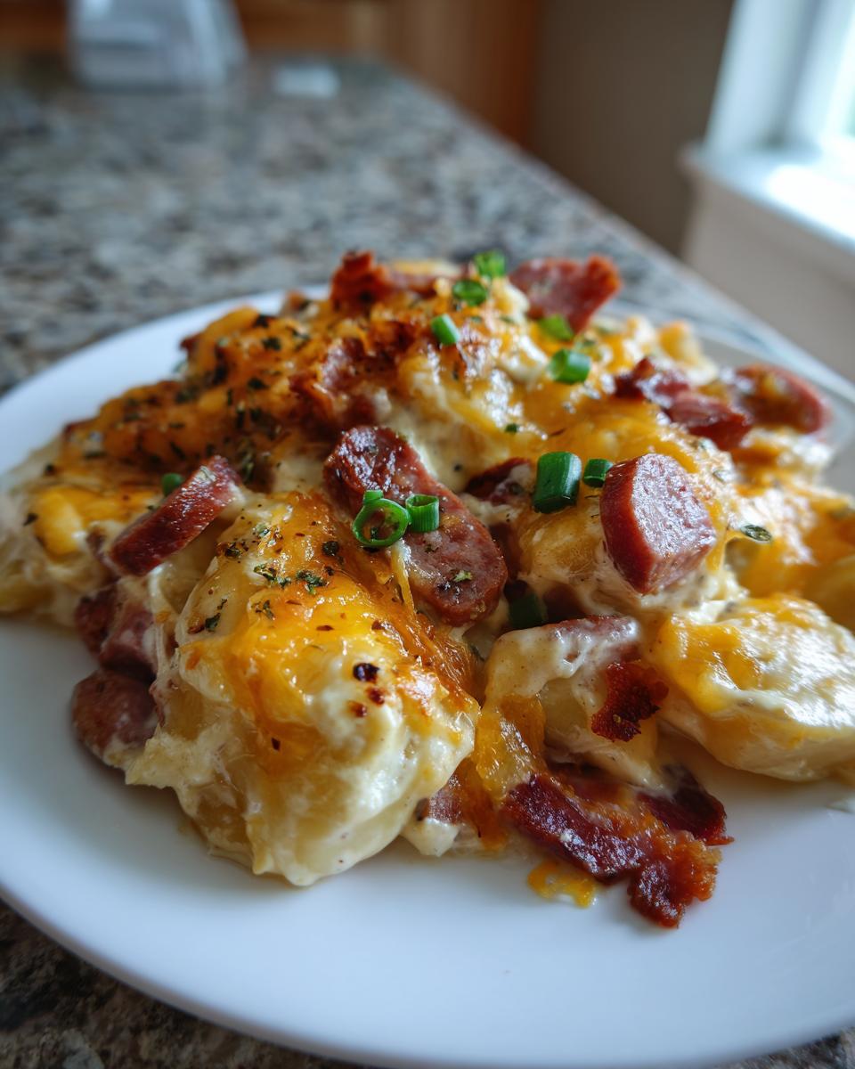 A close-up serving of creamy pierogi casserole topped with melted cheddar cheese, sliced sausage, and green onions.