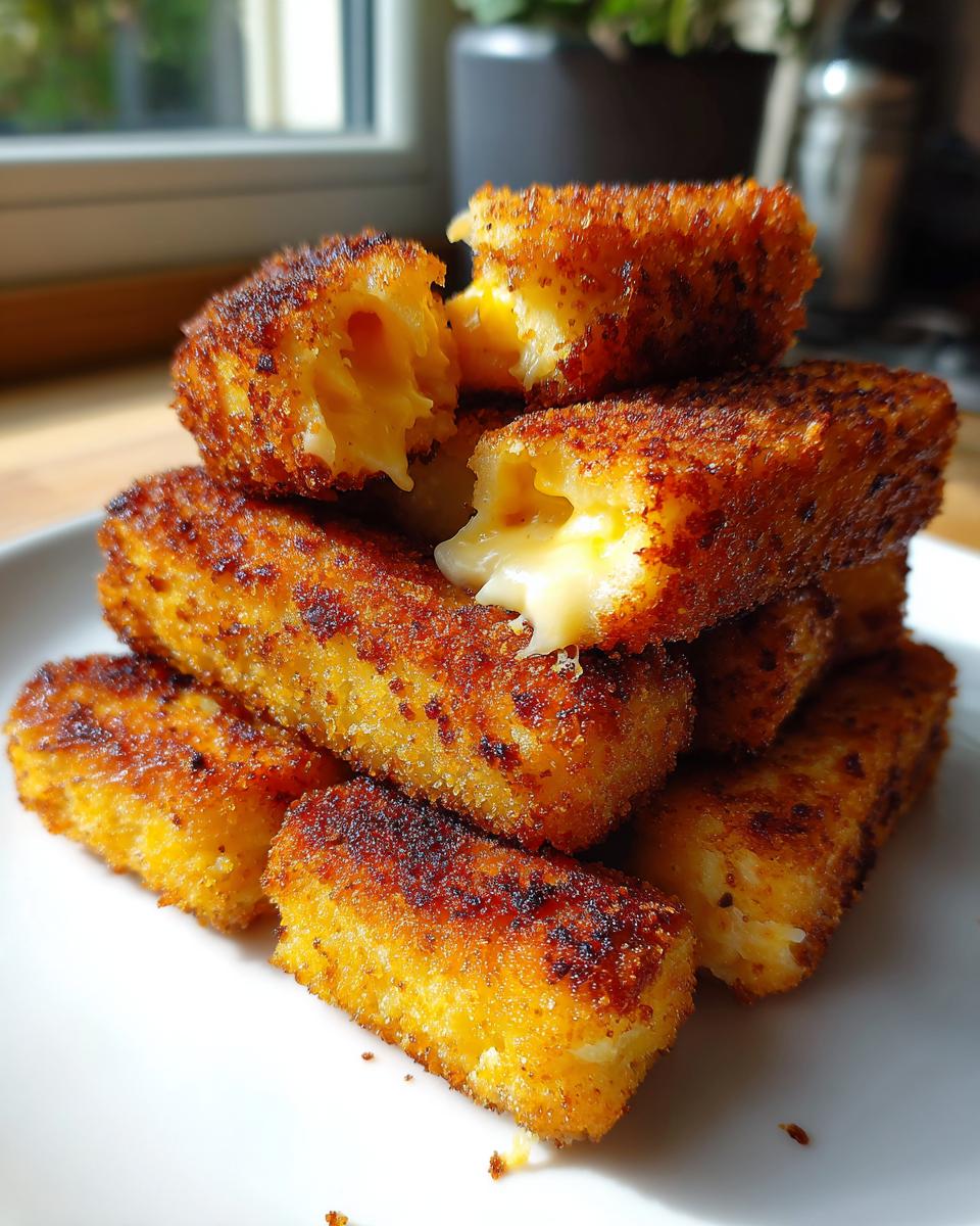 A stack of golden brown, crispy potato croquettes with melted cheese oozing from the broken pieces.