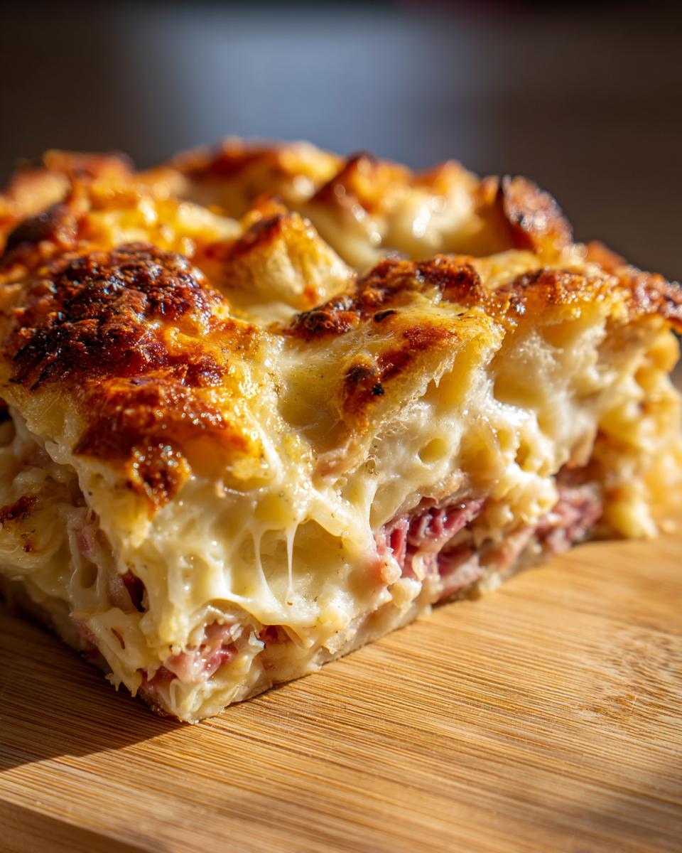 Close-up of a gooey, cheesy slice of homemade reuben bake showing layers of corned beef and melted cheese.