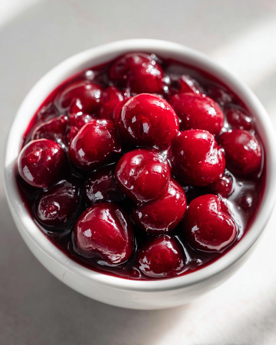 A close-up, bright photo of glossy, deep red cherries in thick syrup, representing perfect cherry pie filling.