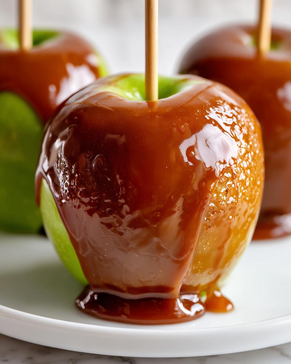 Close-up of a glossy, dripping caramel apple on a white plate, showing the chewy coating secret.