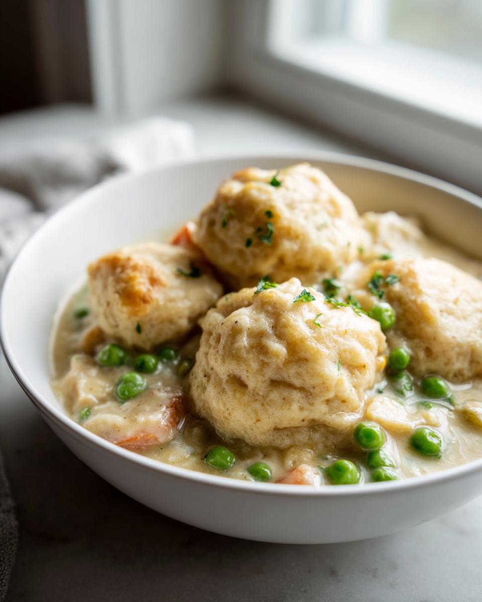Close-up of a white bowl filled with creamy chicken and dumplings with biscuits, peas, and carrots, garnished with parsley.