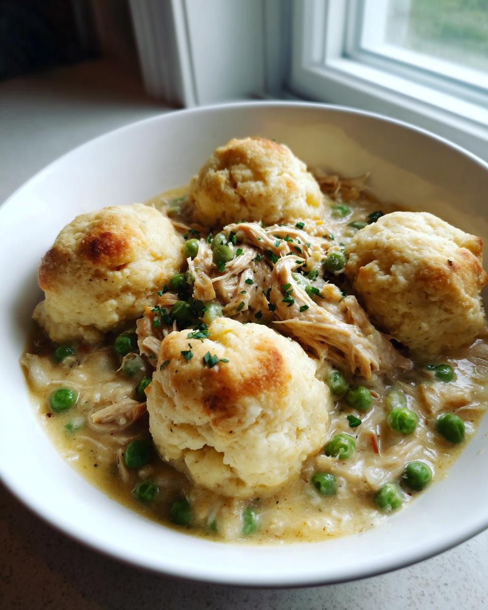 A close-up of chicken and dumplings with biscuits, featuring shredded chicken, peas, and a creamy sauce.