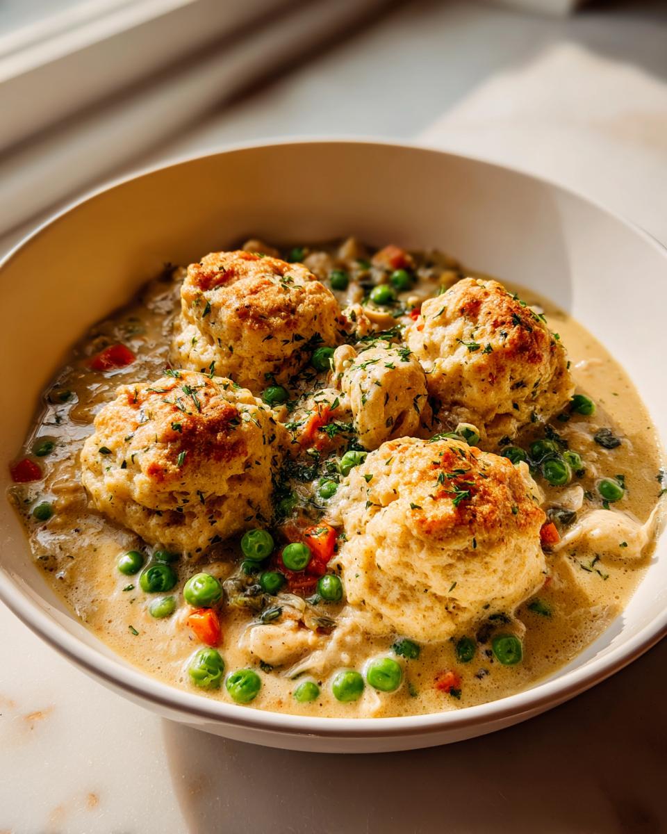Close-up of four golden biscuits topping a bowl of creamy chicken and dumplings with peas and carrots.