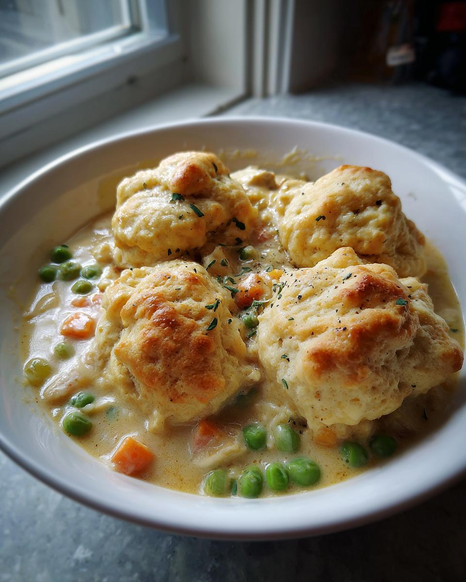 A close-up of a white bowl filled with creamy chicken and dumplings with biscuits, peas, and carrots.