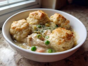 A close-up of a white bowl filled with creamy chicken and dumplings with biscuits, featuring shredded chicken, peas, and carrots.
