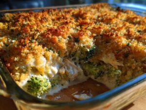 A close-up of a baked Chicken Divan casserole featuring creamy sauce, broccoli florets, and a golden, crunchy breadcrumb topping.