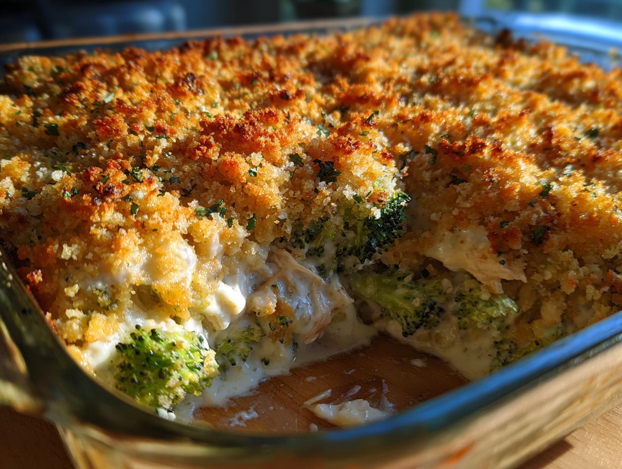 A close-up of a baked Chicken Divan casserole featuring creamy sauce, broccoli florets, and a golden, crunchy breadcrumb topping.