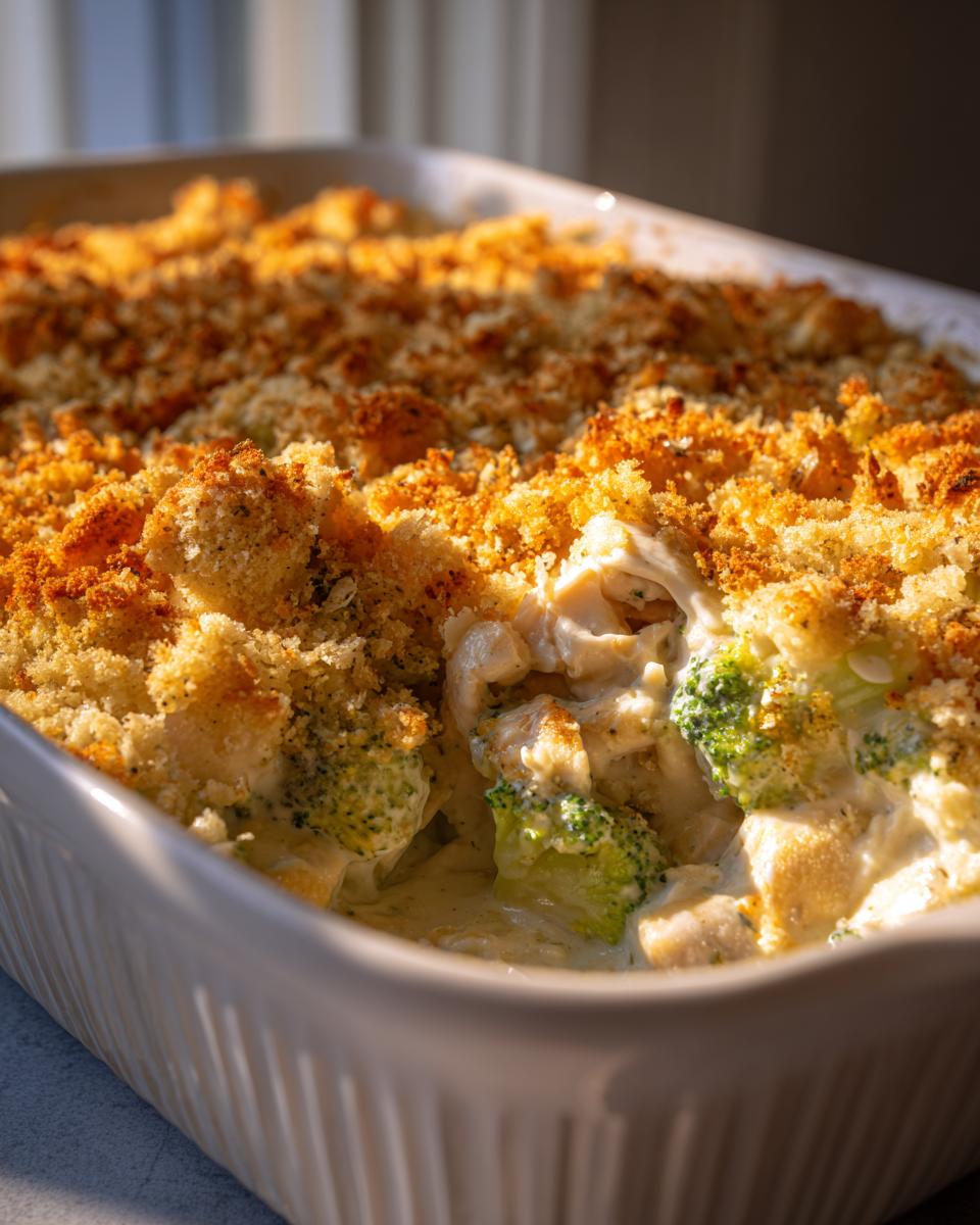 Close-up of creamy Chicken Divan casserole with bright green broccoli and a crunchy, golden breadcrumb topping.