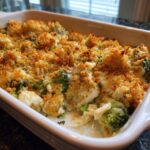 Close-up of a creamy Chicken Divan casserole with broccoli, chicken pieces, and a crispy golden breadcrumb topping.