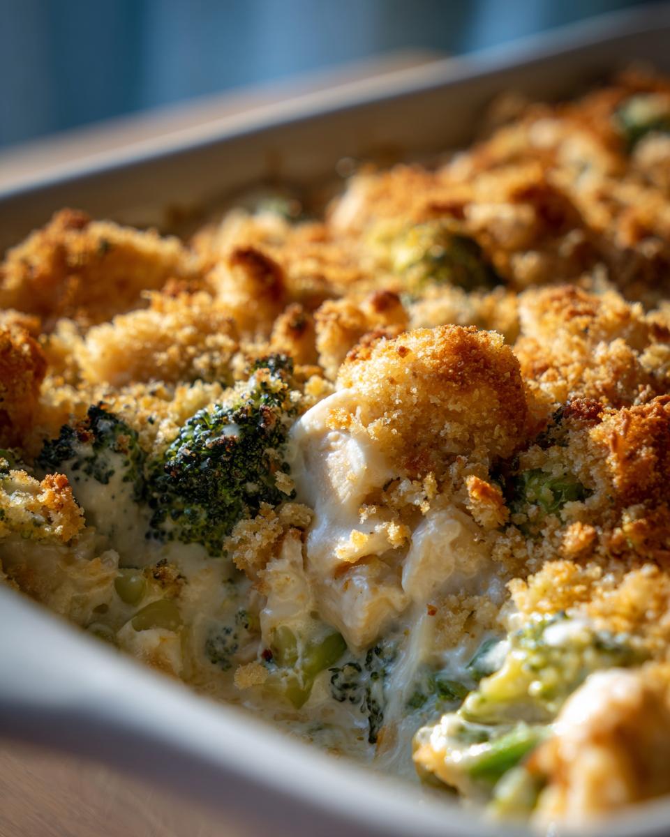 A close-up view inside a baking dish showing creamy Chicken Divan with chunks of chicken, broccoli florets, and a golden, crunchy breadcrumb topping.