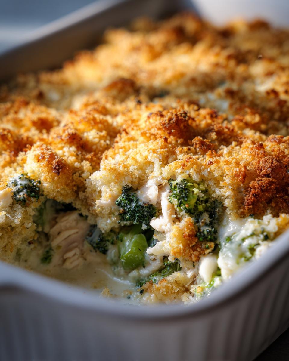 A close-up view of a creamy Chicken Divan casserole with broccoli florets and a golden, crunchy breadcrumb topping.