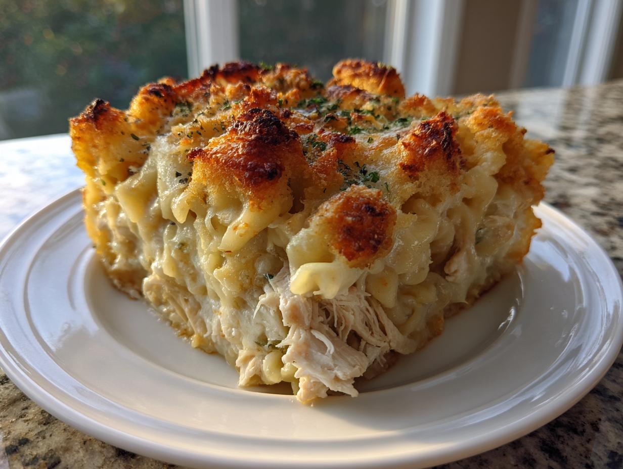 A generous square slice of creamy chicken noodle casserole with a golden, crunchy topping served on a white plate.