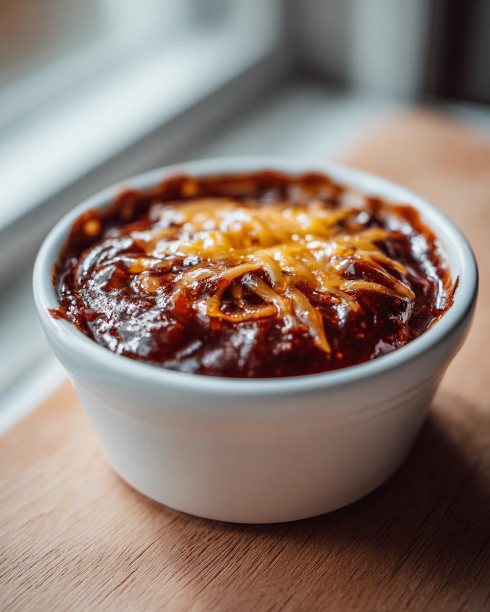 Close-up of rich, dark chili cheese dip topped with melted shredded cheese in a white ramekin.