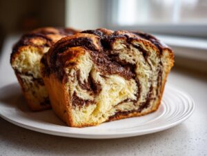 Close-up of a freshly baked chocolate babka loaf, showing the beautiful swirl of chocolate filling inside the soft bread.