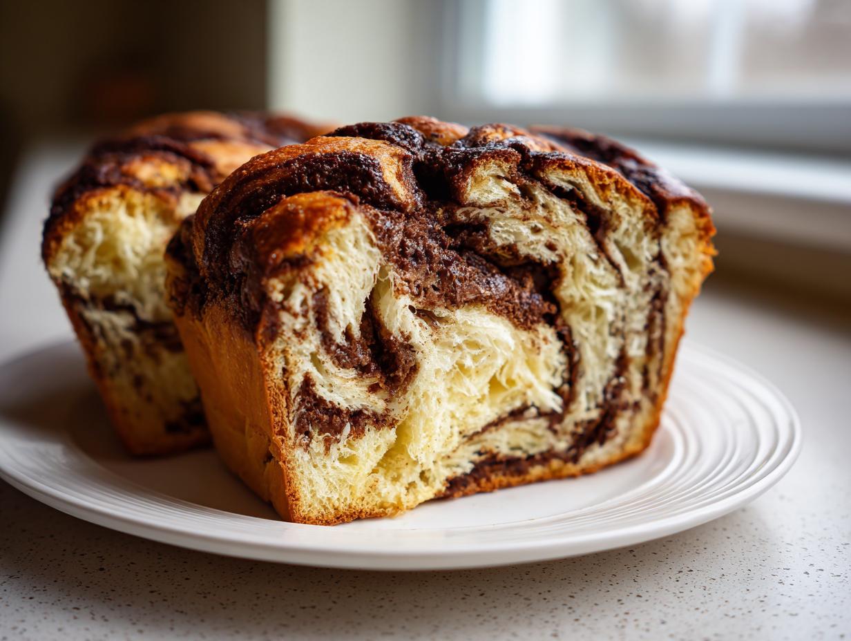 Close-up of a freshly baked chocolate babka loaf, showing the beautiful swirl of chocolate filling inside the soft bread.