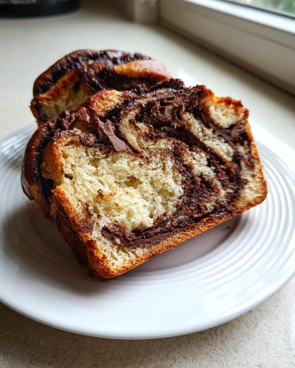 Close-up of a thick slice of homemade chocolate babka showing rich chocolate swirls in the soft bread.