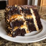 A decadent slice of chocolate caramel toffee crunch cake showing layers of dark chocolate cake, caramel, and creamy filling.