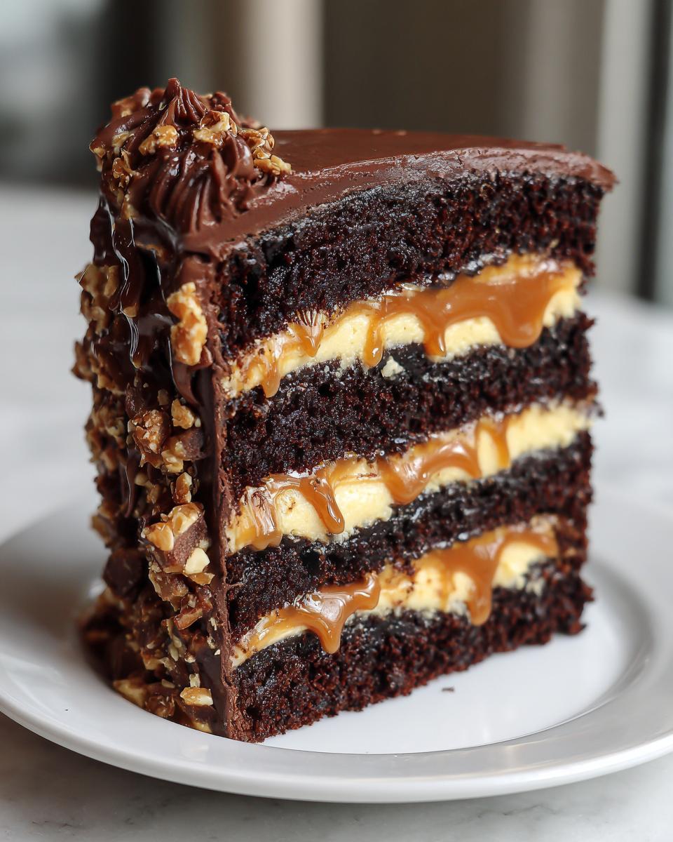 Close-up of a decadent slice of chocolate caramel toffee crunch cake showing four dark chocolate layers separated by cream and dripping caramel.