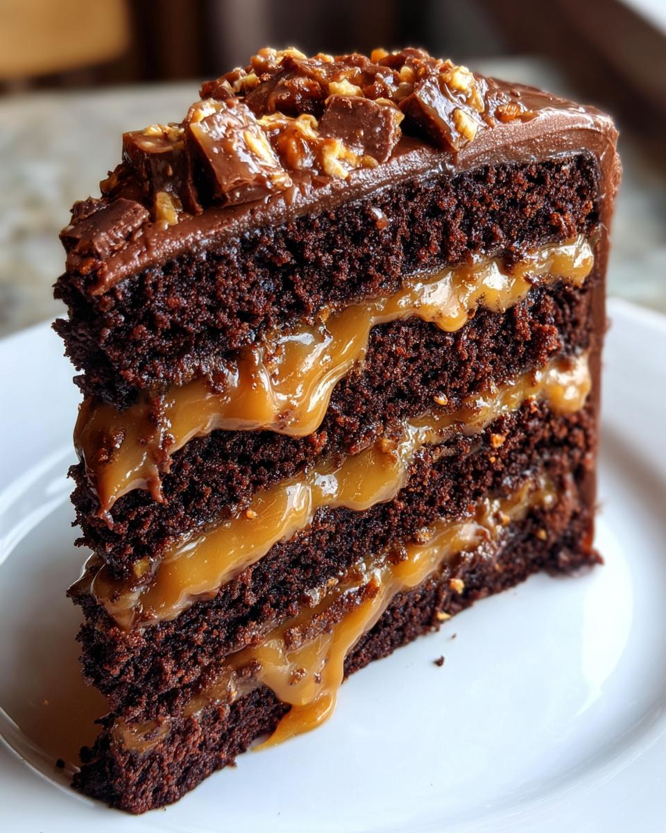 Close-up of a decadent slice of chocolate caramel toffee crunch cake showing three layers of dark cake and gooey caramel filling.