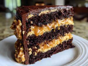 Close-up of a moist slice of chocolate caramel toffee crunch cake with dripping caramel between dark chocolate layers.