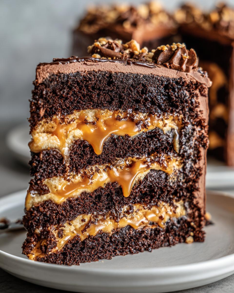 Close-up of a decadent slice of chocolate caramel toffee crunch cake showing rich dark layers and gooey caramel filling.
