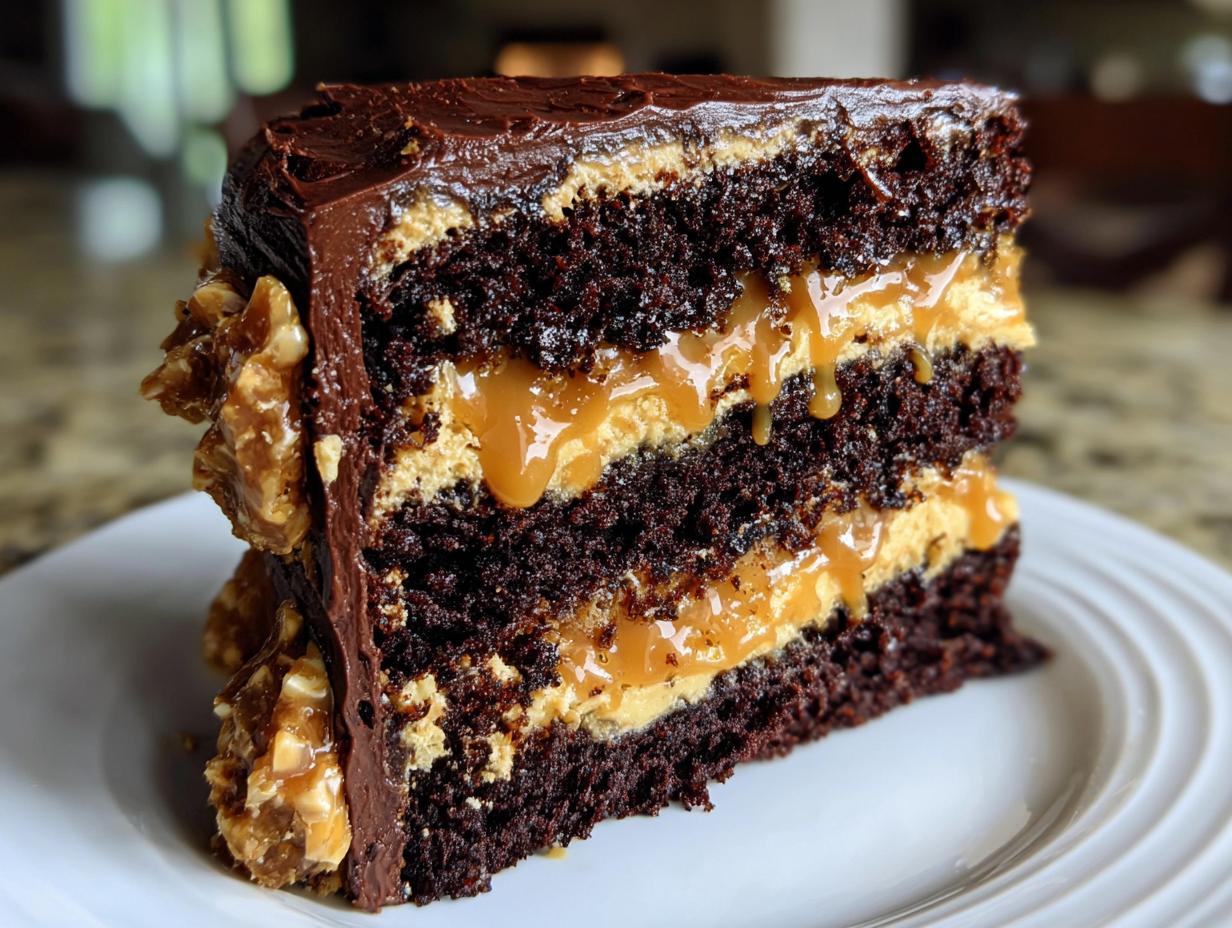 Close-up of a moist slice of chocolate caramel toffee crunch cake with dripping caramel between dark chocolate layers.